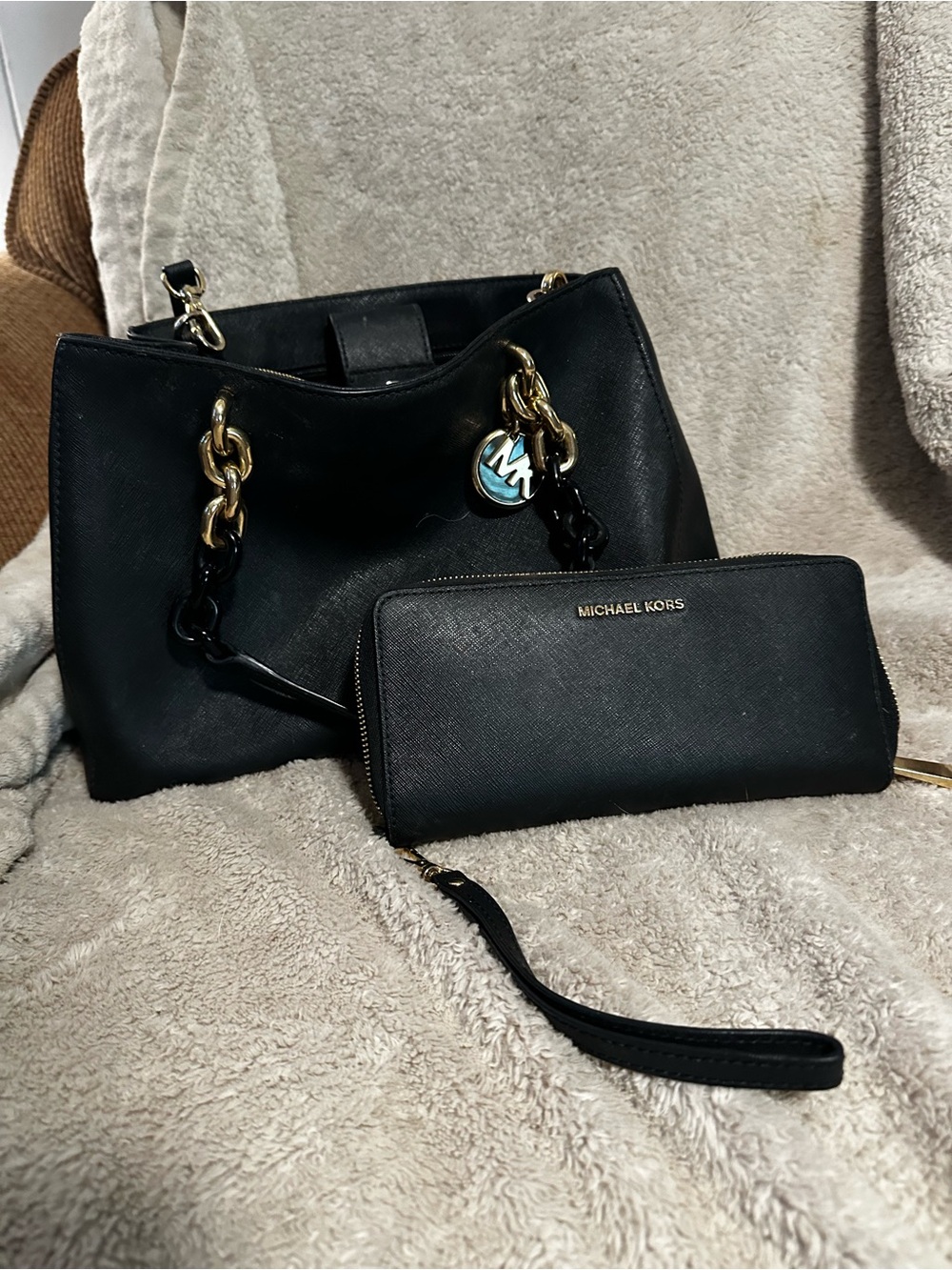 Michael Kors Black Leather Shoulder Bag with Matching Black Wristlet